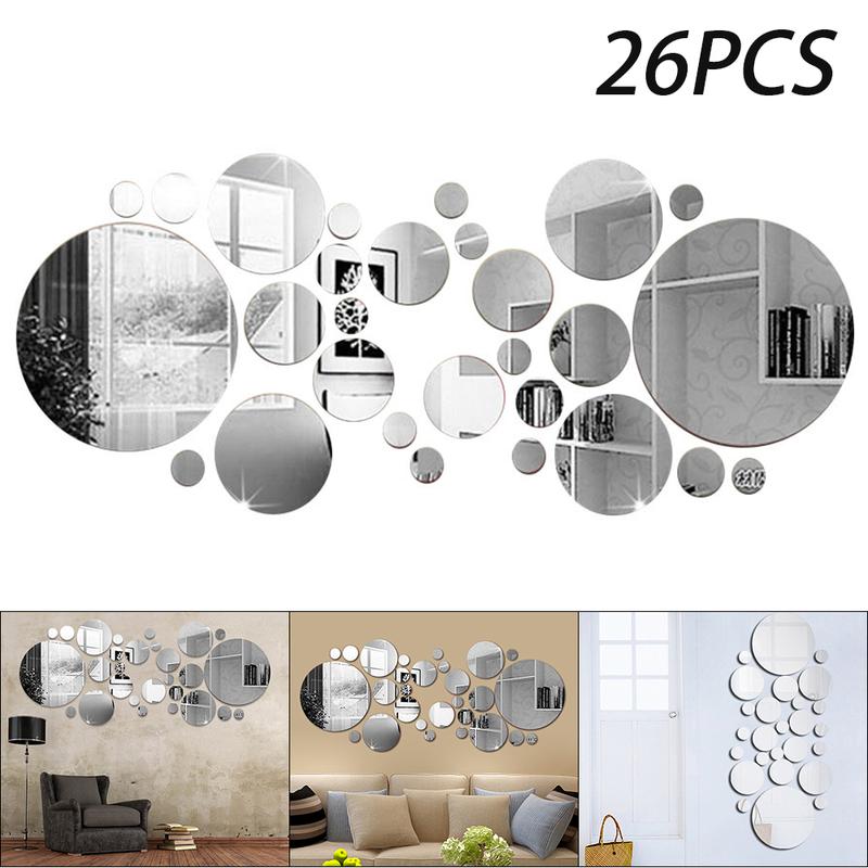 26 countss Acrylic Mirror Wall Sticker Round Mirror Decal Self-Adhesive Wall Sticker Decal DIY Removable Mural Decoration for Home Living Room Bedroom Bathroom Windows Doors Office (Silver)