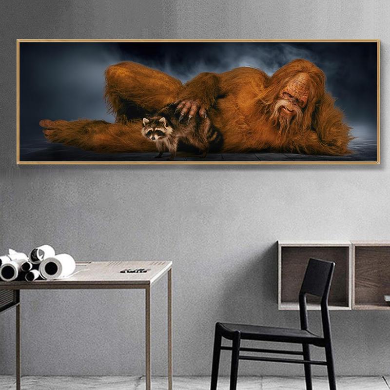 Sasquatch & Raccoon Pattern Canvas Poster without Frame, 1 Count Creative Wall Art, Wall Decor for Home Living Room Bedroom Office