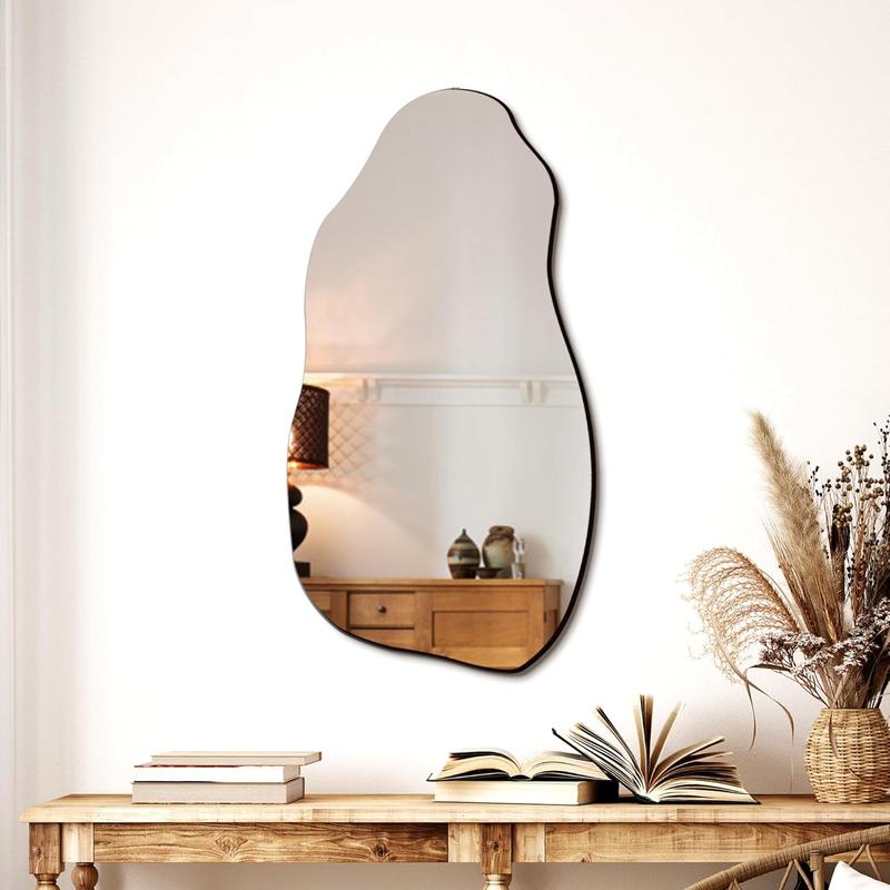 Irregular Asymmetrical Wall Mirror for Living Room Bathroom Entryway, Modern Decorative Mirror Hanging (Hook Style, 31.5'' x 17.7'')