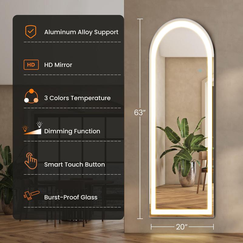 [LIVE] Arched Full Length Mirror, LED Full Body Mirror Lighted Floor Wall Mounted & Dressing Vanity Mirrors, Dimming & 3 Color Modes Glass Durable