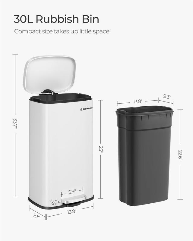 SONGMICS HOME Trash Can with Lid, 8 Gallon (30L) Garbage Can, Stainless Steel Small Waste Bin with Step Pedal and Inner Bucket, Soft Close, Kitchen cool trashcan