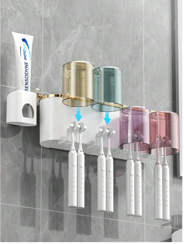 1 Set Toothbrush Holder With 2 Or 3 Or 4 Cups And Toothpaste Squeezer, Creative Bathroom Wall-Mounted Organizer For Brushing Teeth And Storage.The Color Of The Cup (Gray, Blue, Purple, Pink, Yellow) Is Random