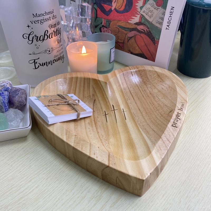 Wooden Prayer Bowl with a Cross Heart-Shaped Decorative Bowl, Ideal Gift for Christian congregations, bedroom living room decoration, Christmas gifts