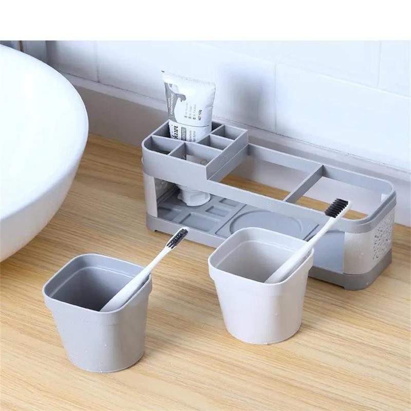 Toothbrush Holder with 2 Mouthwash Cups, 1 Count Creative Countertop Toothbrush Storage Rack, Home Organizer for Bathroom