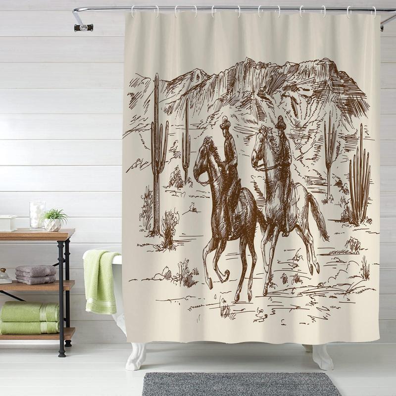 Western Cowboy Pattern Shower Curtain, 1 Count Horse Print Waterproof Shower Curtain with 12pcs Hooks, Decorative Bathroom Accessories for Home Salon Dormitory Hotel