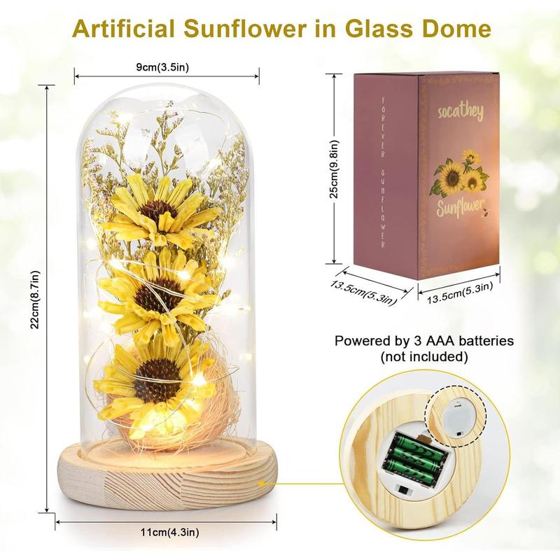 Sunflower Gifts for Women, Artificial Sunflowers in Glass Dome with LED Strip, 1PSC Sunflower Decor on Mother's Day, Valentine's Day, Christmas, Thanksgiving, Birthday (Yellow)