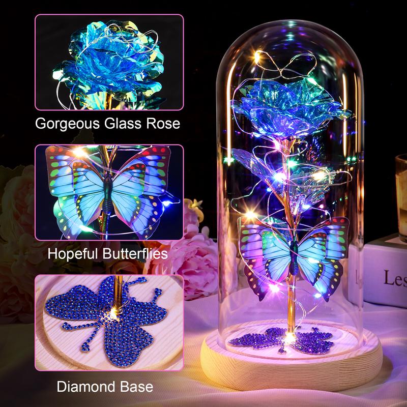 DEEMEI Birthday Gifts for Women Eternal Flower Light Up Rose in Glass Dome with Butterfly, Christmas Valentine's Anniversary for Her Mom Girlfriend