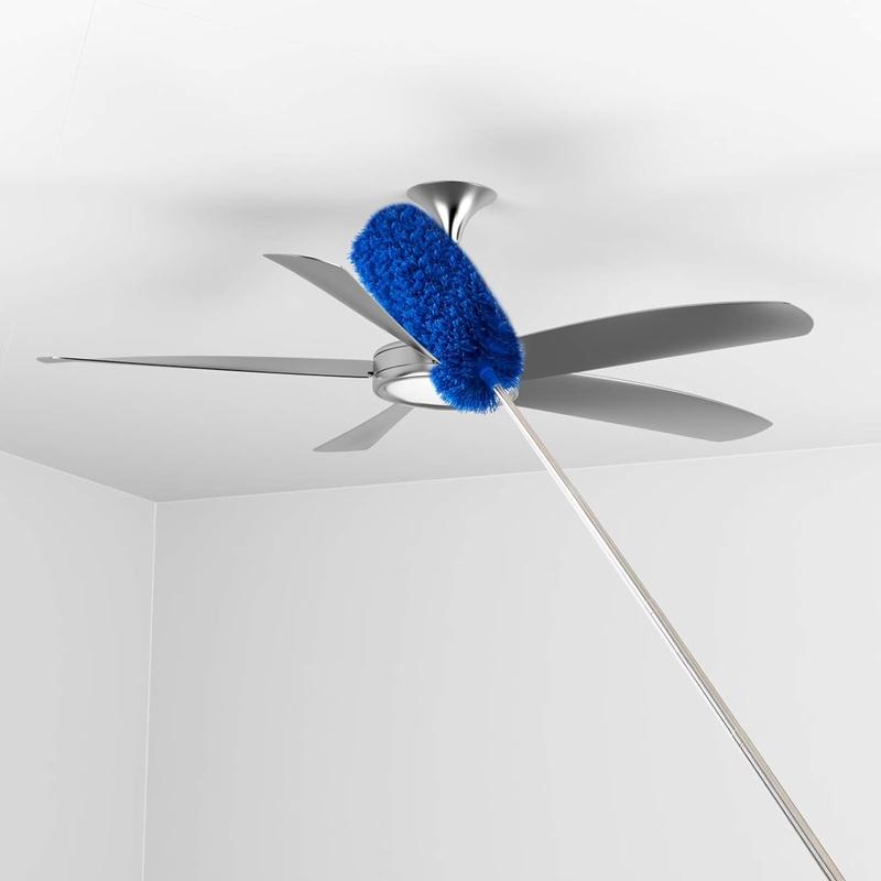 Extendable Ceiling Fan Duster with Cobweb & Corner Brushes – Lightweight Aluminum Pole (15-100 Inches), Washable, Blue