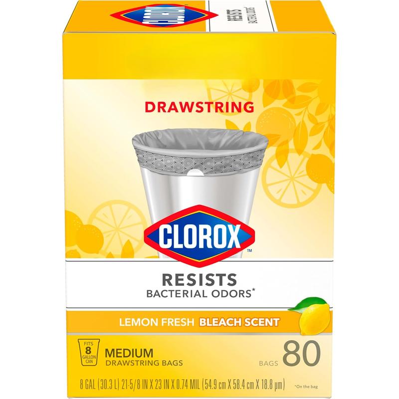 Trash Bags, Medium Drawstring Garbage Bags with Clorox, 8 Gallon Grey Trash Bags, Lemon Fresh Bleach Scent, (Package May Vary), Lemon, 80 Count