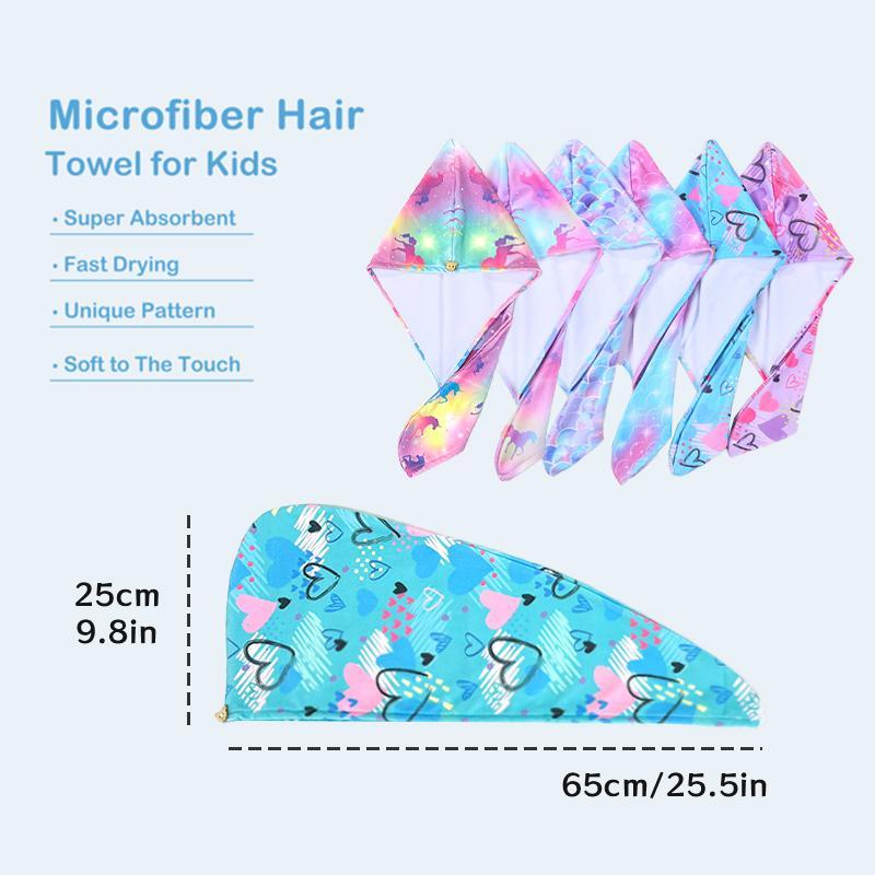 Hair Towel Wrap with Button, 2pcs set Cute Cartoon Pattern Hair Drying Towel, Water Absorbent Hair Towel for Kids