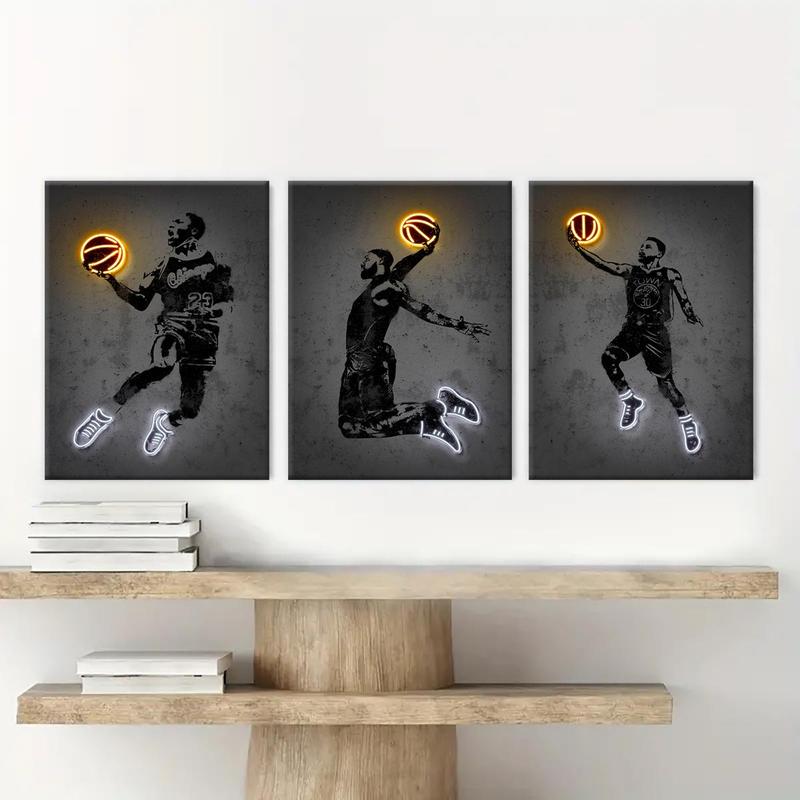 Basketball Player Pattern Canvas Painting with Frame, 3 Counts Basketball Fan Poster Canvas Art, Wall Art Decor for Home Living Room Bedroom Office, Wall Art Painting Room Decor