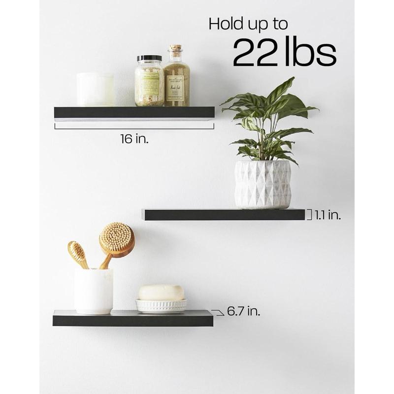 Floating Shelves for Wall, Wall Mounted Rustic Wood Shelves for Bathroom, Bedroom, Living Room, Kitchen, Hanging Shelf for Books Storage Room Decor with 22lbs Capacity (Black, Set of 3, 16in)