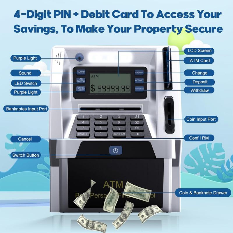 Upgraded ATM Piggy Bank for Kids, ATM Bank Machine for Real Money with Debit Card, Bill Feeder, Coin Recognition, Balance Calculator, Electronic Saving Safe Machine Box for Boys Girls Gift