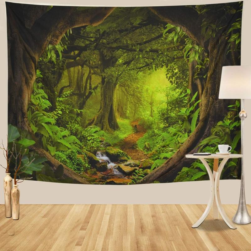 Forest Tapestry Nature Tree Cave Tapestry Wall Hanging Misty Forest Tapestry Stream Through Rainforest Tapestry Landscape Wall Tapestry Jungle Creek Psychedelic Tapestry for Living Room Decor