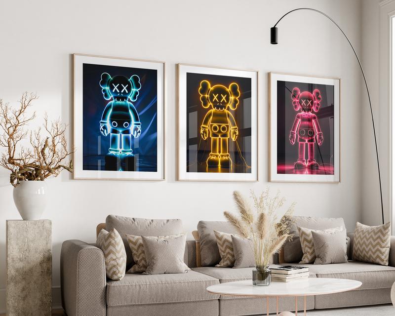 Hypebeast Neon Poster,set of 3,Printable Neon KAWS,Graffiti Poster,Hypebeast Toys,Hypebeast Sneaker, Sneaker Prints Decor Room Glossy Wall