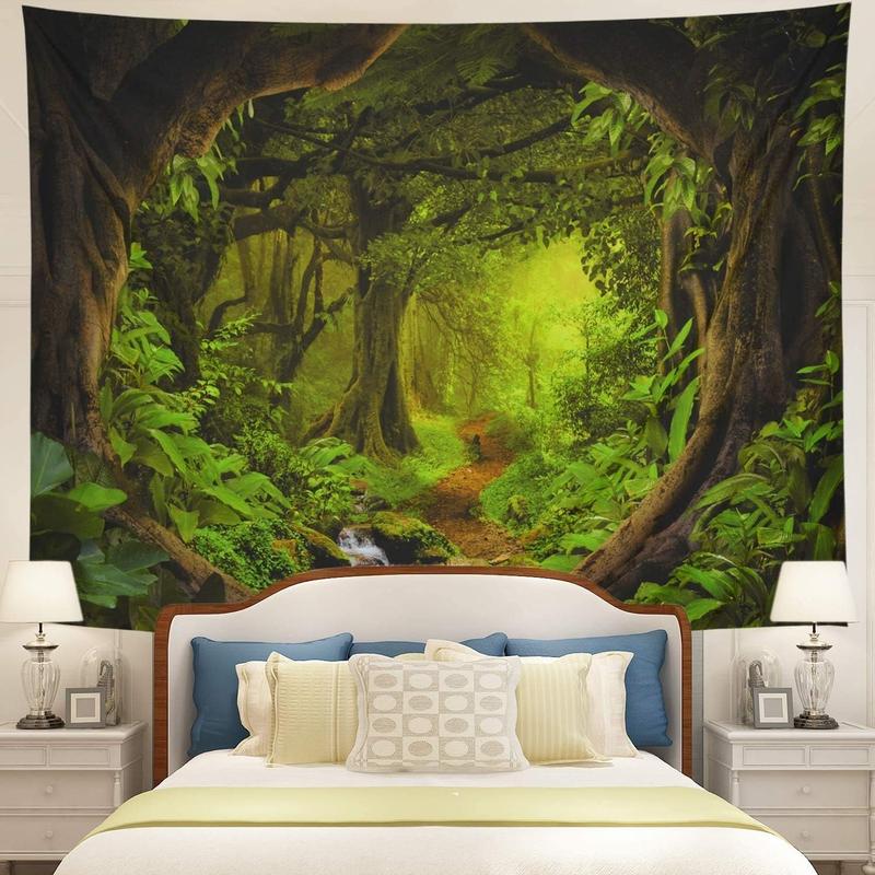 Forest Tapestry Nature Tree Cave Tapestry Wall Hanging Misty Forest Tapestry Stream Through Rainforest Tapestry Landscape Wall Tapestry Jungle Creek Psychedelic Tapestry for Living Room Decor