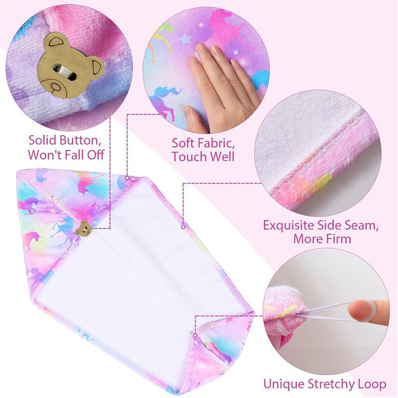 Hair Towel Wrap with Button, 2pcs set Cute Cartoon Pattern Hair Drying Towel, Water Absorbent Hair Towel for Kids