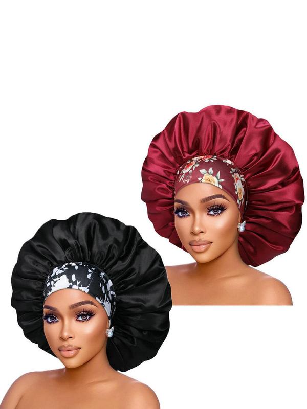 Women's Elegant Leopard & Flower Graphic Hair Bonnets, 2pcs set Trendy Soft Comfort Sleeping Bonnets, Stylish All-match Accessories for Women & Girls