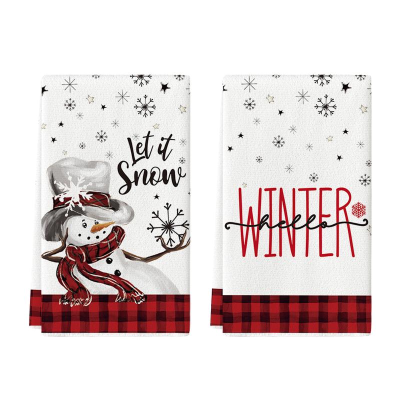 Buffalo Plaid Snowman Winter Kitchen Towels Dish Towels, 18x26 Inch Daily Seasonal Christmas Decoration Hand Towels Set of 2