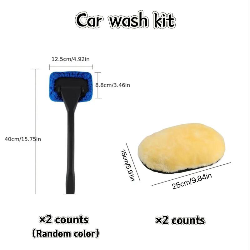 Car Window Cleaning Brush Kit, Including 2 Long Handle Windshield Brush & 2 Car Wash Gloves, Car Window Brush & Gloves Set