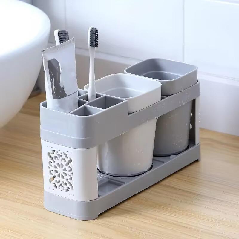 1 Set Bathroom Multi-grid Toothbrush Holder with Two Cup, Multifunctional Mouthwash Cup for Travel, Toothpaste Storage Rack