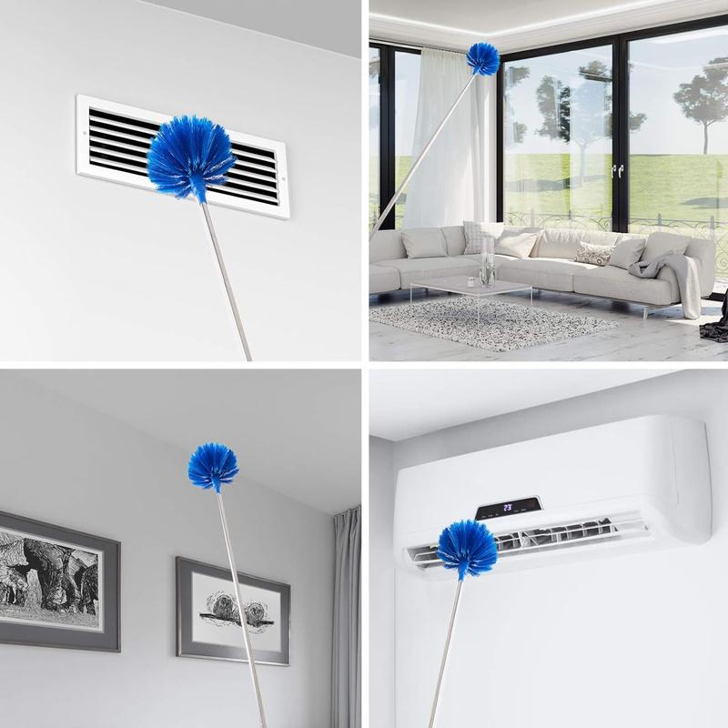 Extendable Ceiling Fan Duster with Cobweb & Corner Brushes – Lightweight Aluminum Pole (15-100 Inches), Washable, Blue