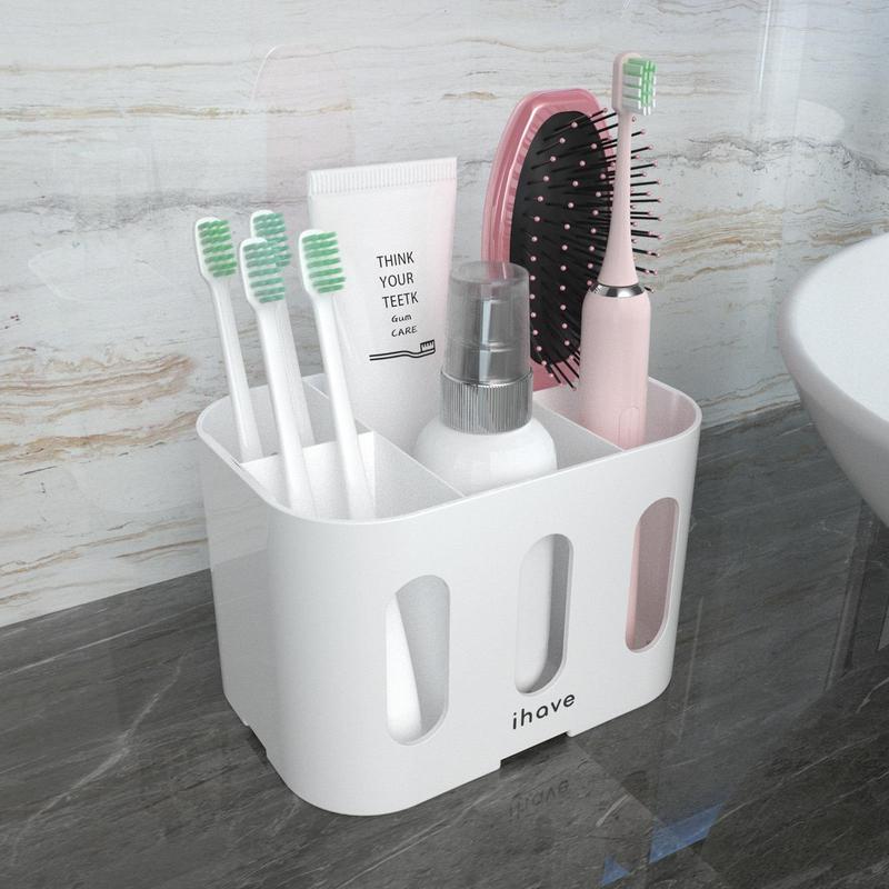 Large Capacity Toothbrush Holder, 1 Count Solid Color Drain Storage Hanging Rack, Multi-grid Bathroom Organizer for Home Bathroom Kitchen, Home Essentials, Bathroom Accessories