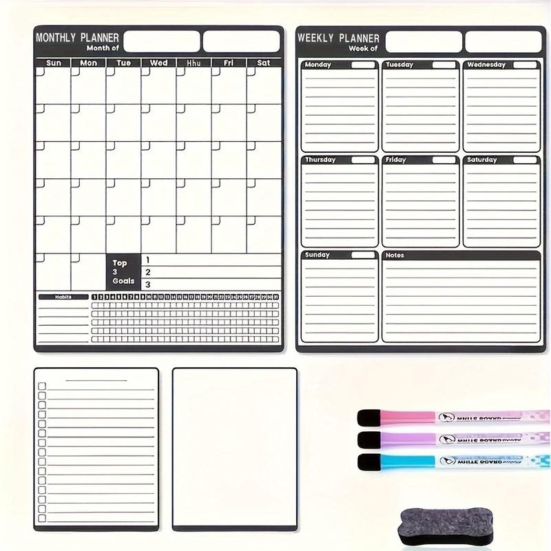 Magnetic Calendar & Planner & To Do List Board for Refrigerator, 4 Counts set Monthly & Weekly Planner Fridge Magnet Board with 3 Markers & Eraser