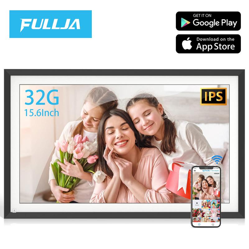 FULLJA 1 Piece 15.6-inch Electronic Photo Frame Large Digital Photo Frame - Smart Photo Display Wall Mountable, 32GB, FHD 1080P IPS Touch Screen, Send Photos Videos Via App, Email, Best Christmas Gifts and New Year Gifts Choice