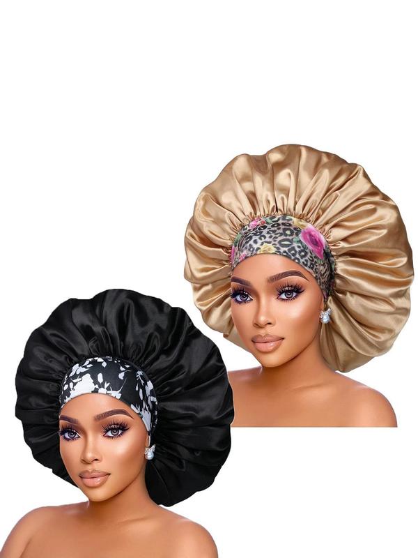 Women's Elegant Leopard & Flower Graphic Hair Bonnets, 2pcs set Trendy Soft Comfort Sleeping Bonnets, Stylish All-match Accessories for Women & Girls