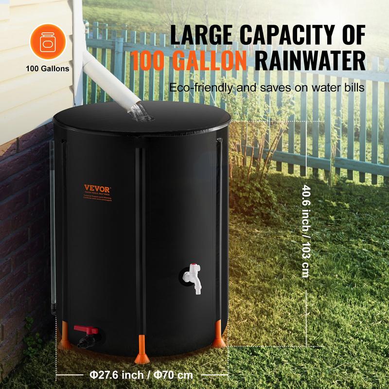 VEVOR Collapsible Rain Barrel - Upgrated Visible Water Level, 53 66 100 Gal Portable Rain Water Collection Barrel, PVC Rainwater Collection System with Spigots and Overflow Kit, Water Barrel for Garden Water Catcher Bucket