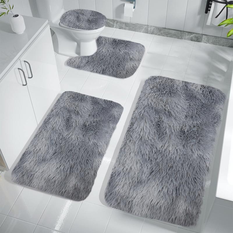 4PC Bathroom Rug Set U-Shaped Contour Rug, Mat Toilet Lid Cover,Water Absorbent Soft Microfiber Shaggy Bathroom Mat,for Tub, Shower, Bath Room,Machine Washable absorbent bath indoor mat non-slip Rectangle Diatomite bath  mats fluffy bath towel area rug