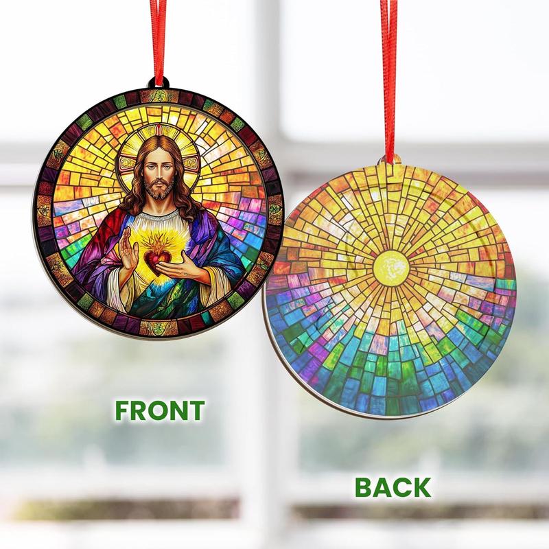 Christian Gifts for Women, Men - Christmas Ornaments 2024, Catholic, Spiritual Gifts for Christians, Mom, Religious, Sacred Heart Home, Room Decor - Christmas Decorations Suncatcher Ornaments