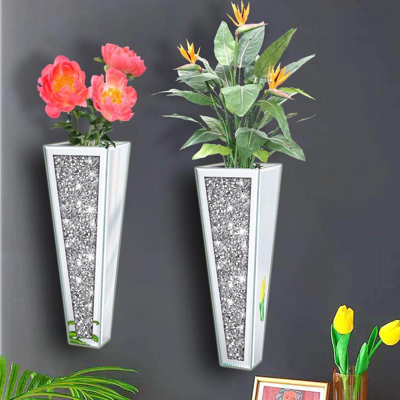 2 Pcs  Flower Vase Crushed Diamond Mirrored Hanging Planter& Geometric Decor Mirrored Container, Silver Decorative Mirror Vase Gift Glass Wood Ornaments