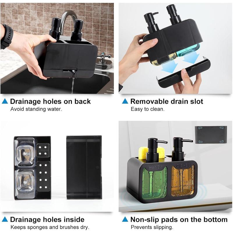 Kitchen Soap Dispenser Set, with Hand and Dish Soap, Sponge Caddy and Brush Holder 4-in-1 Kitchen Dual Soap Dispenser Set for Kitchen Sink, Bathroom - Black