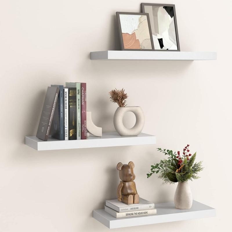 Floating Shelves, Wall Shelves for Bathroom Living Room Bedroom Kitchen Decor, White Shelves with Invisible Brackets Set of 3