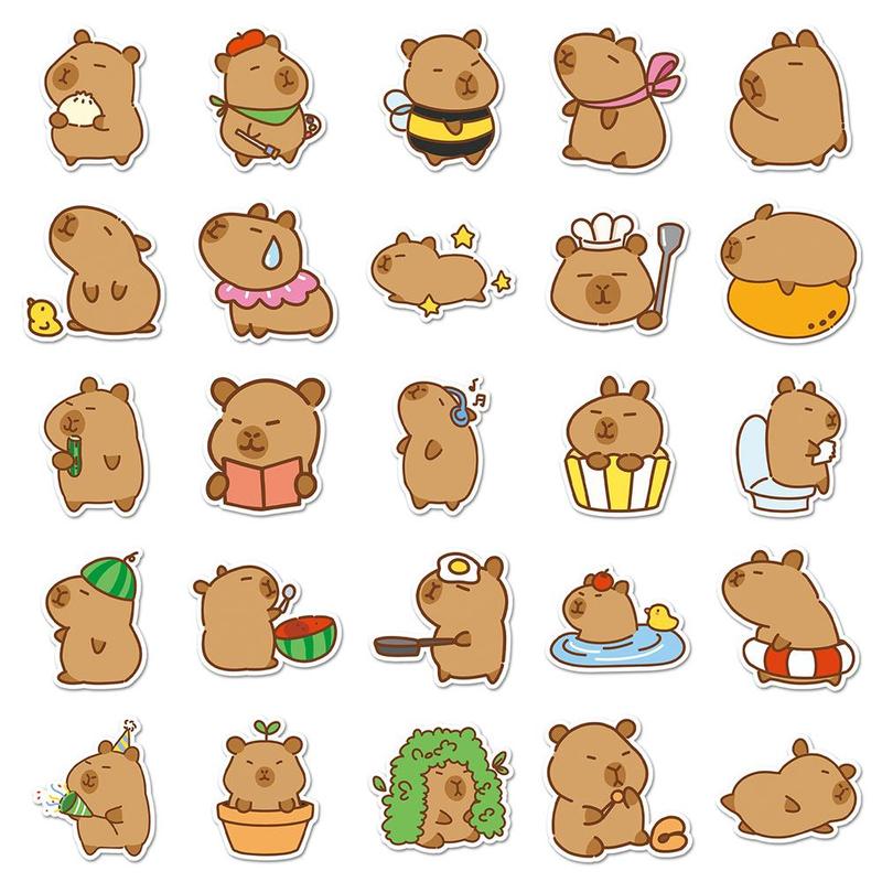 Cartoon Capybara Pattern Sticker, 50pcs set Waterproof Self Adhesive Decor Paper, Decor Sticker for Gift Greeting Card & Water Bottle & Laptop