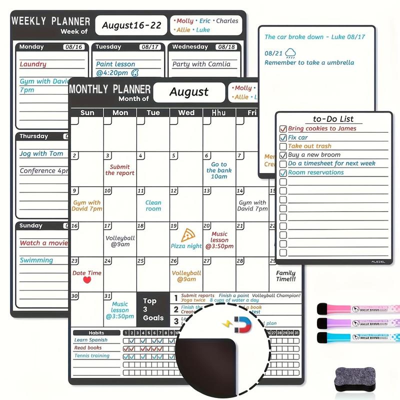 Magnetic Calendar & Planner & To Do List Board for Refrigerator, 4 Counts set Monthly & Weekly Planner Fridge Magnet Board with 3 Markers & Eraser