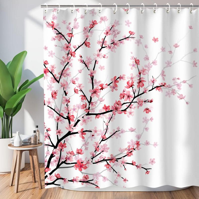 Cherry Blossom Bathroom Curtain with 12 Hooks, Pink Floral Shower Curtain Fabric Sakura Bath Curtain, Flower Shower Curtain for Bathroom, Machine Washable, 72