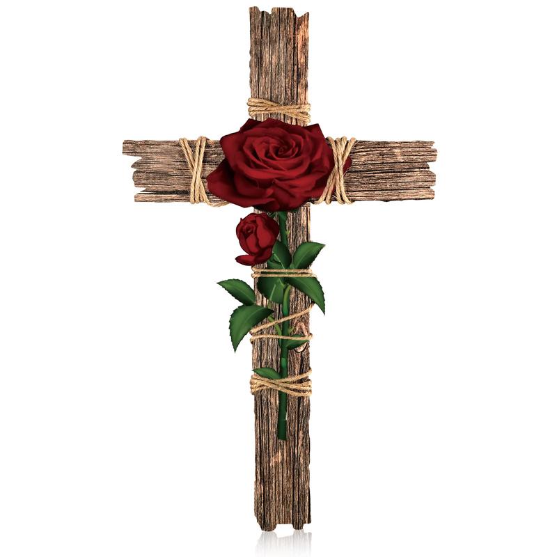 Cross Decoration Wood Cross Wall Cross with Hemp Rope Rose Wall Mounted Holy Cross Prayer Cross Wooden Wall Cross Religious Decor for Home Decoration, Gift for Christian, Christmas Gift