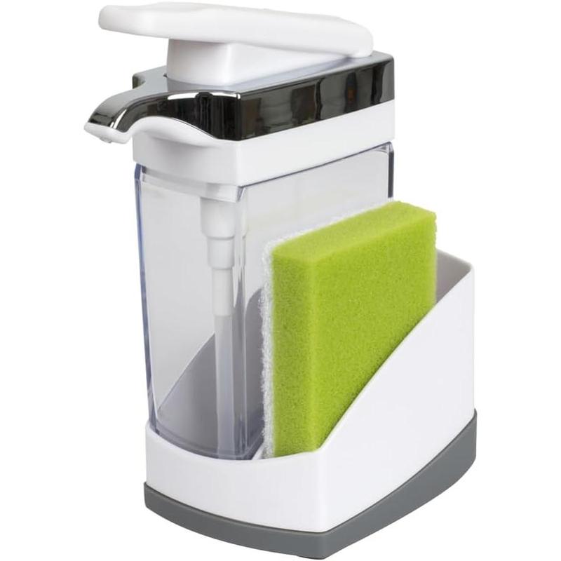 Soap Pump and Sponge Caddy for Kitchen Sinks, Kitchen Sink Organizer Sponge Caddy and Soap Pump Combo, White Chrome