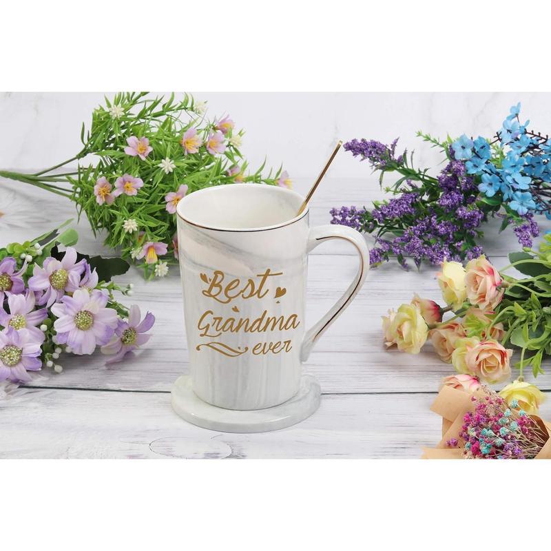 Best Grandma Ever Mug Coffee Gifts Birthday Mothers Day for from Granddaughter Grandson Grandchildren Grandkids 14 Ounce Gift Box with Spoon and Mat Gray