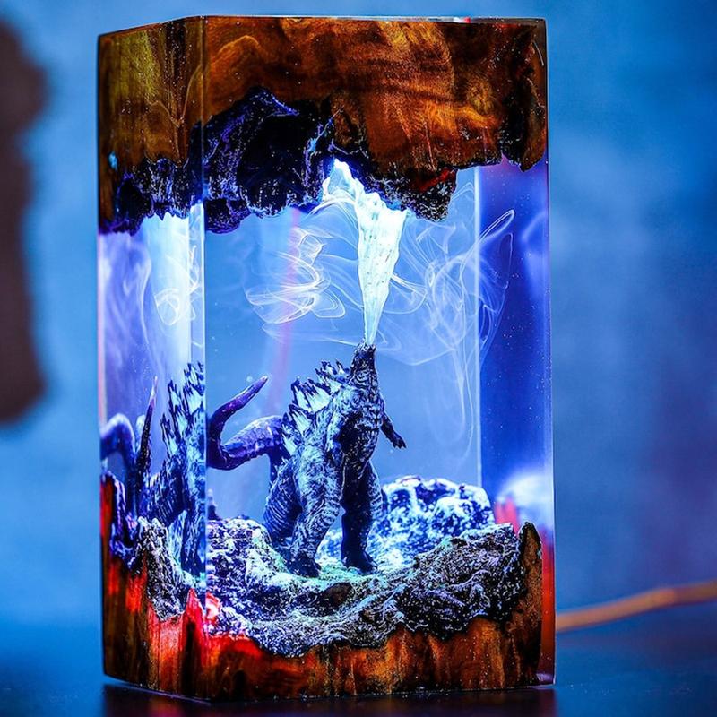 GOD.ZILLA Monster Night Atomic Breath Epoxy Resin Diorama -  Bedroom Wooden Diorama Resin Epoxy Figures - Handmade Gift Art Design Ornaments