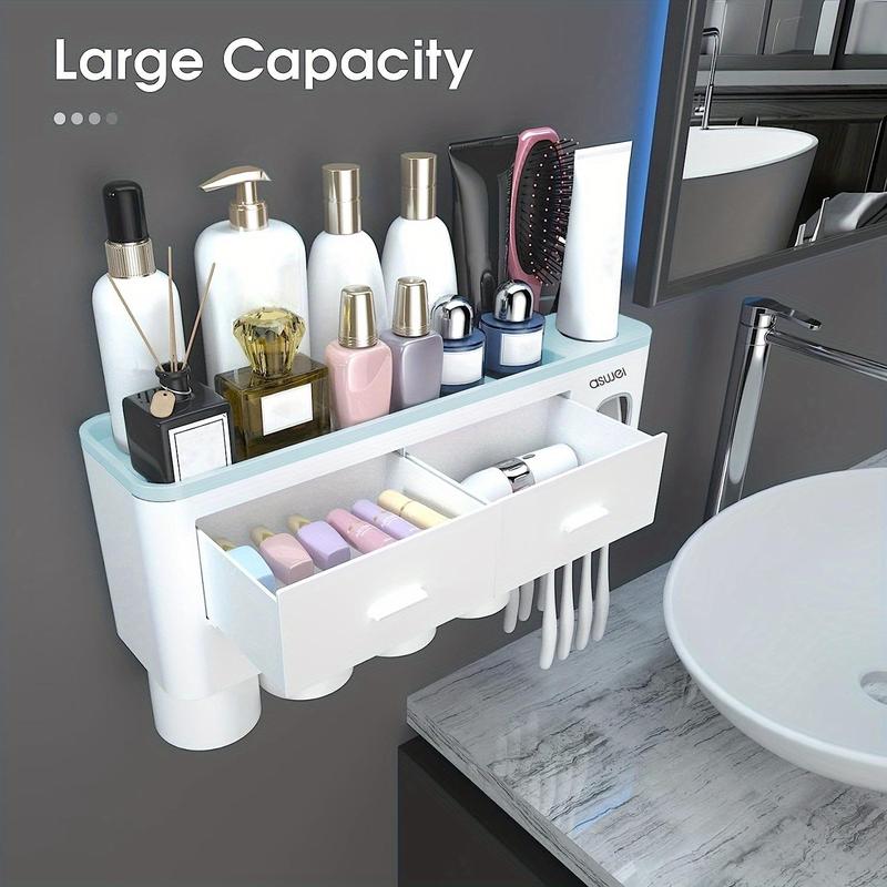 Wall Mounted Toothbrush Holder, 1 Count Large Capacity Toothbrush Storage Rack with Toothpaste Dispenser, Home Organizer for Bathroom Accessories