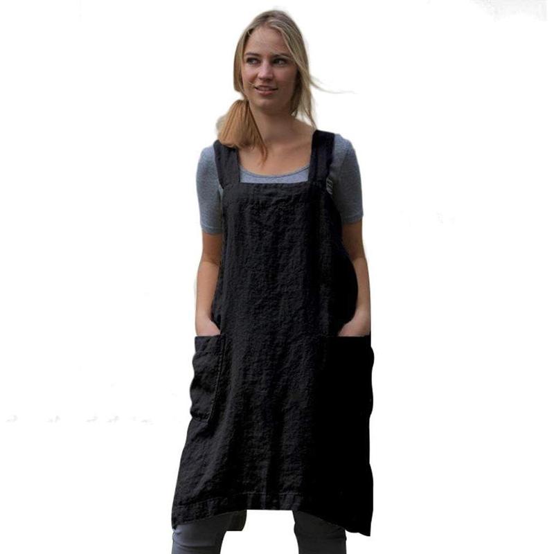 Women’s Pinafore Square Apron Baking Cooking Gardening Works Cross Back Cotton Linen Blend Dress with 2 Pockets