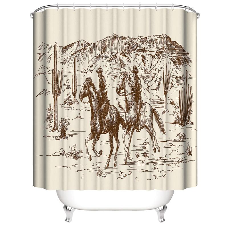 Western Cowboy Pattern Shower Curtain, 1 Count Horse Print Waterproof Shower Curtain with 12pcs Hooks, Decorative Bathroom Accessories for Home Salon Dormitory Hotel