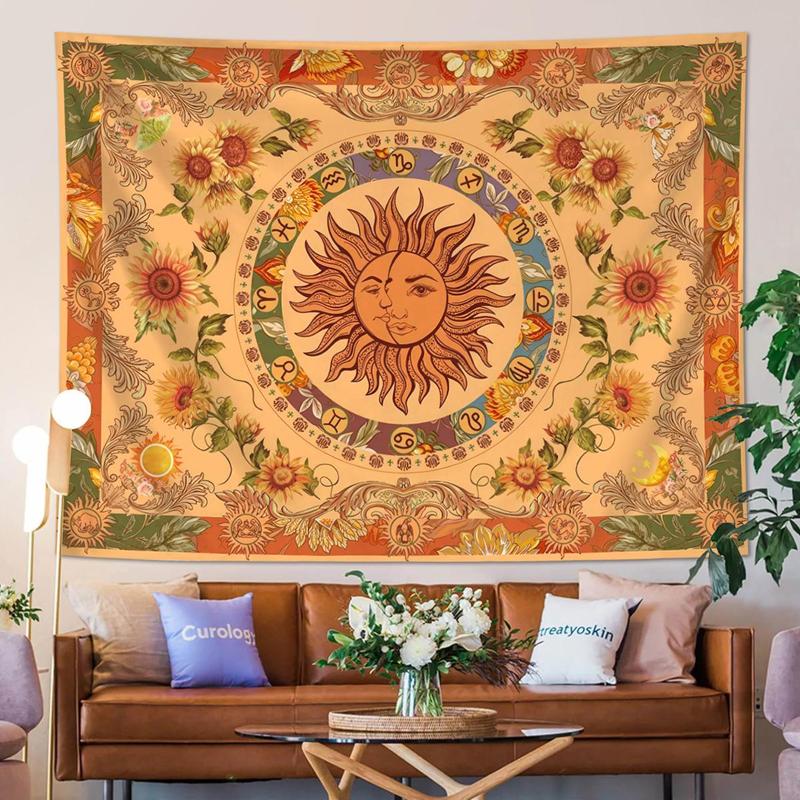 Sun & Moon Pattern Tapestry, 1 Count Retro Ethnic Wave Simia Tapestry,  Aesthetic Wall Hanging for Bedroom Dormitory Living Room Office Decor