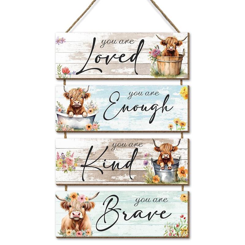 Highland Cow & Flower & Letter Pattern Wooden Sign, 4 Counts set Farmhouse Themed Wall Hanging Ornament, Wall Decor for Home Living Room Bedroom Kitchen