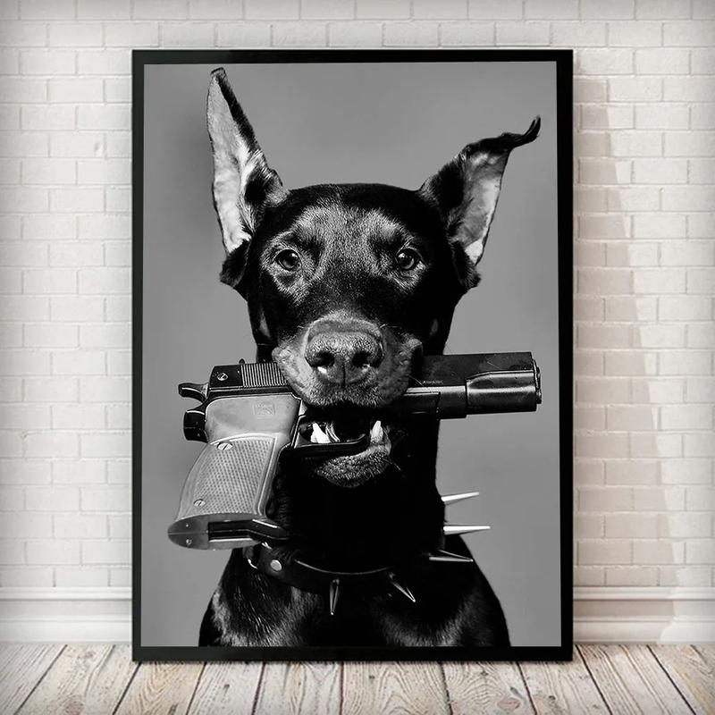 Hypebeast Modern Black White Doberman Gun Luxury Fashion Poster