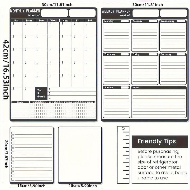 Magnetic Calendar & Planner & To Do List Board for Refrigerator, 4 Counts set Monthly & Weekly Planner Fridge Magnet Board with 3 Markers & Eraser